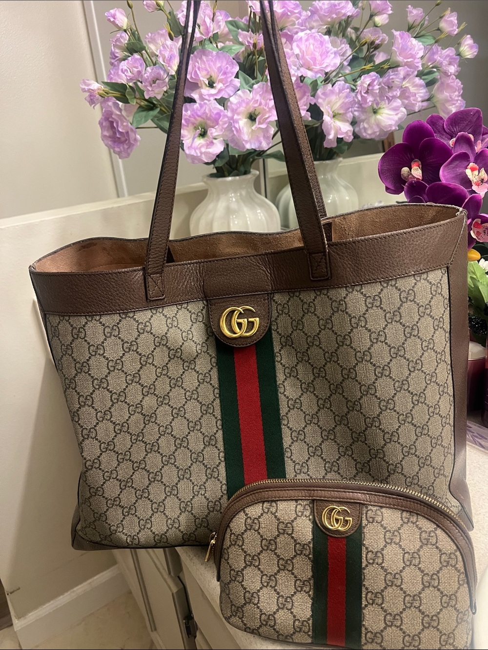 Gucci Brown GG Supreme Canvas Tote with Green-Red Web and Gold Hardware